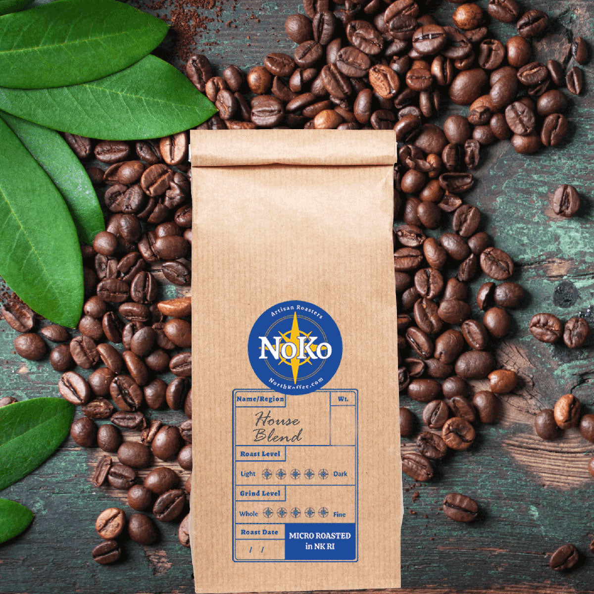 North Koffee roasted signature house blend surrounded by coffee beans and tropical plants