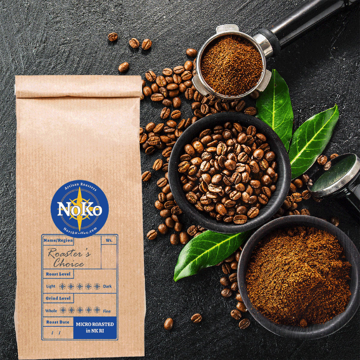 North Koffee bag of Roaster's Choice coffee with coffee and preperation implements