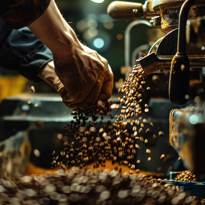 Hand pouring coffee beans into a coffee machine with a blurred background