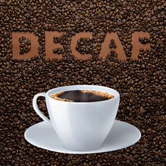 white  coffee cup with decaf coffee and roasted coffee beans