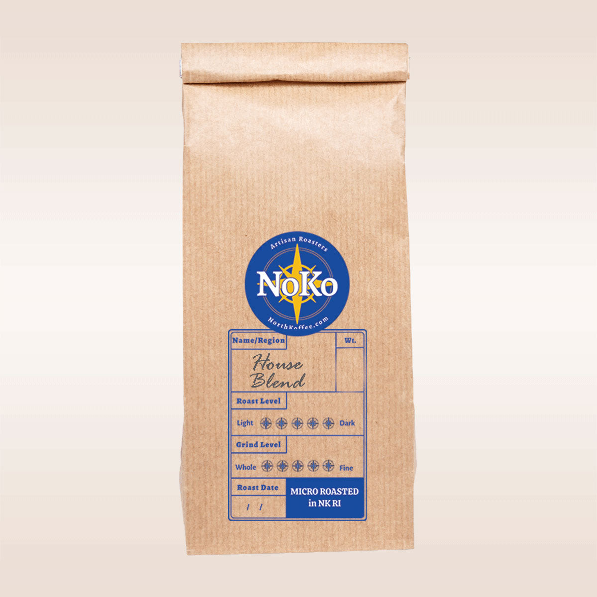 A bag of North Koffee House Blend roasted beans