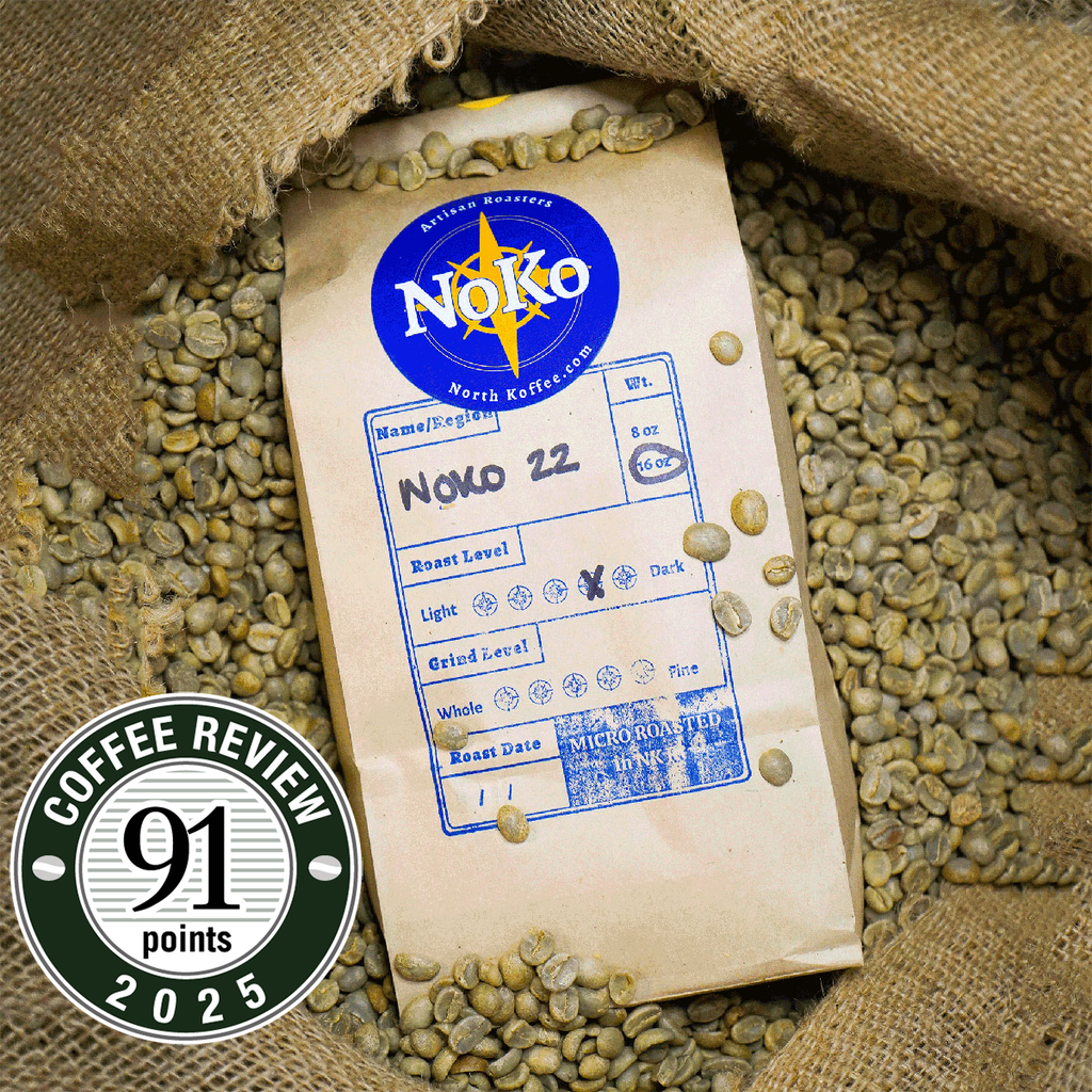 noko 22 espresso blend coffee on a bag  of green coffee and displaying tn award