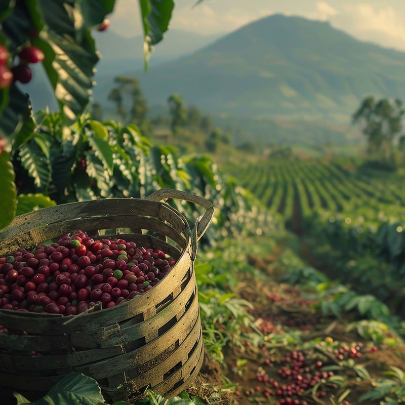 Ugandan basket of coffee cherries in a coffee plantation with mountains in the background