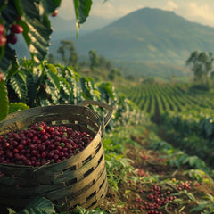Ugandan basket of coffee cherries in a coffee plantation with mountains in the background
