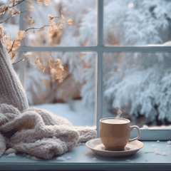 Cup of coffee on the windowsill in cozy room, winter scene outside the window